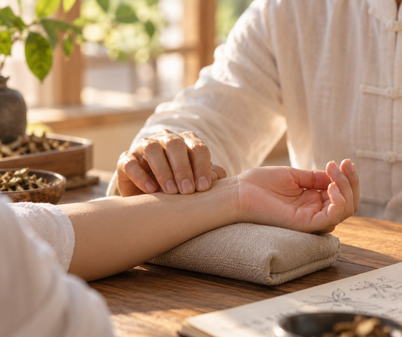 TCM-Therapeut ertastet den Puls am Handgelenk