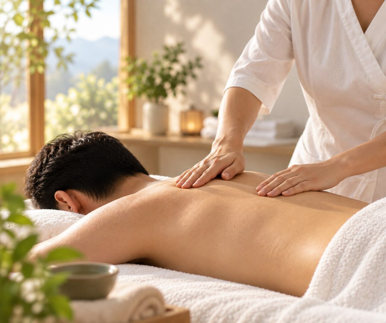 Tuina-Massage bei TongTu: Therapeutin behandelt mit beiden Händen den Rücken eines Patienten